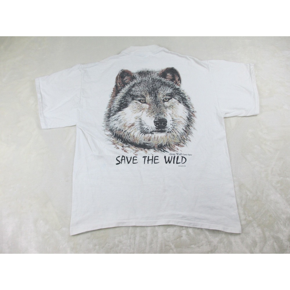 VINTAGE One Planet Shirt Mens Extra‎ Large White Wolf Save The Wild USA 1995*